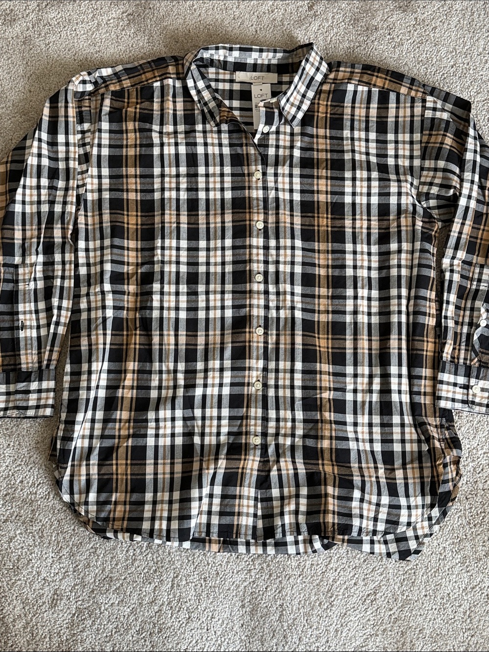LOFT Black White Tan Plaid Button-Down Shirt